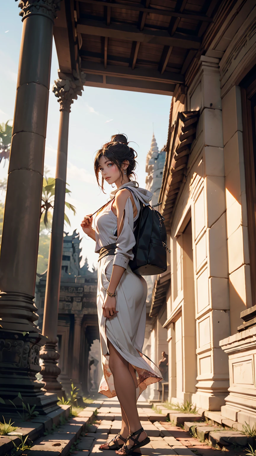 A woman explores the ruins of Angkor Wat in Cambodia。She's wearing cargo pants and a tank top、She has a scarf wrapped around her head。The backdrop is a historic stone temple and the jungle.、Antique ruins are scattered at her feet.