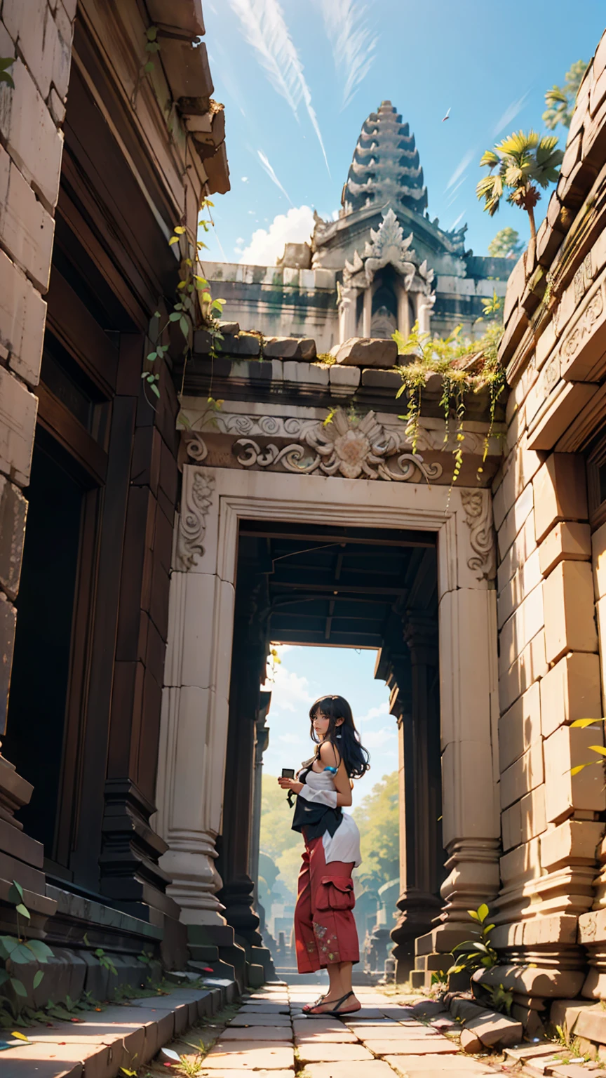 A woman explores the ruins of Angkor Wat in Cambodia。She's wearing cargo pants and a tank top、She has a scarf wrapped around her head。The backdrop is a historic stone temple and the jungle.、Antique ruins are scattered at her feet.
