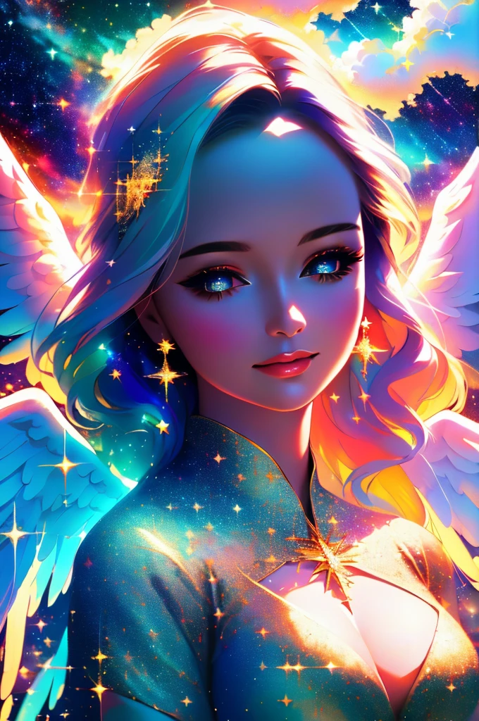 a photorealistic photo of a graceful female angel clothed in glittering, perfect wings, symmetrical wings, colorful fine linen, surrounded by radiant flowers and bright clouds, smoke, misty, shimmering auras, morning lighting, close-up, almost white blonde hair, glowing skin, soft, graceful opalescent glowing wings, calm galaxy pupils eyes, in the distant sky can stars that shine brightly, 8k uhd, dslr, soft lighting, high quality, film grain, Fujifilm XT3 , style-rustmagic
DeepJourney, deepjourney
 