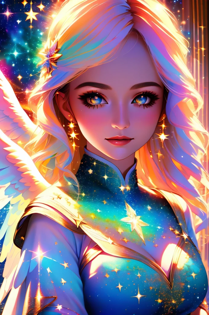 a photorealistic photo of a graceful female angel clothed in glittering, perfect wings, symmetrical wings, colorful fine linen, surrounded by radiant flowers and bright clouds, smoke, misty, shimmering auras, morning lighting, close-up, almost white blonde hair, glowing skin, soft, graceful opalescent glowing wings, calm galaxy pupils eyes, in the distant sky can stars that shine brightly, 8k uhd, dslr, soft lighting, high quality, film grain, Fujifilm XT3 , style-rustmagic
DeepJourney, deepjourney
 