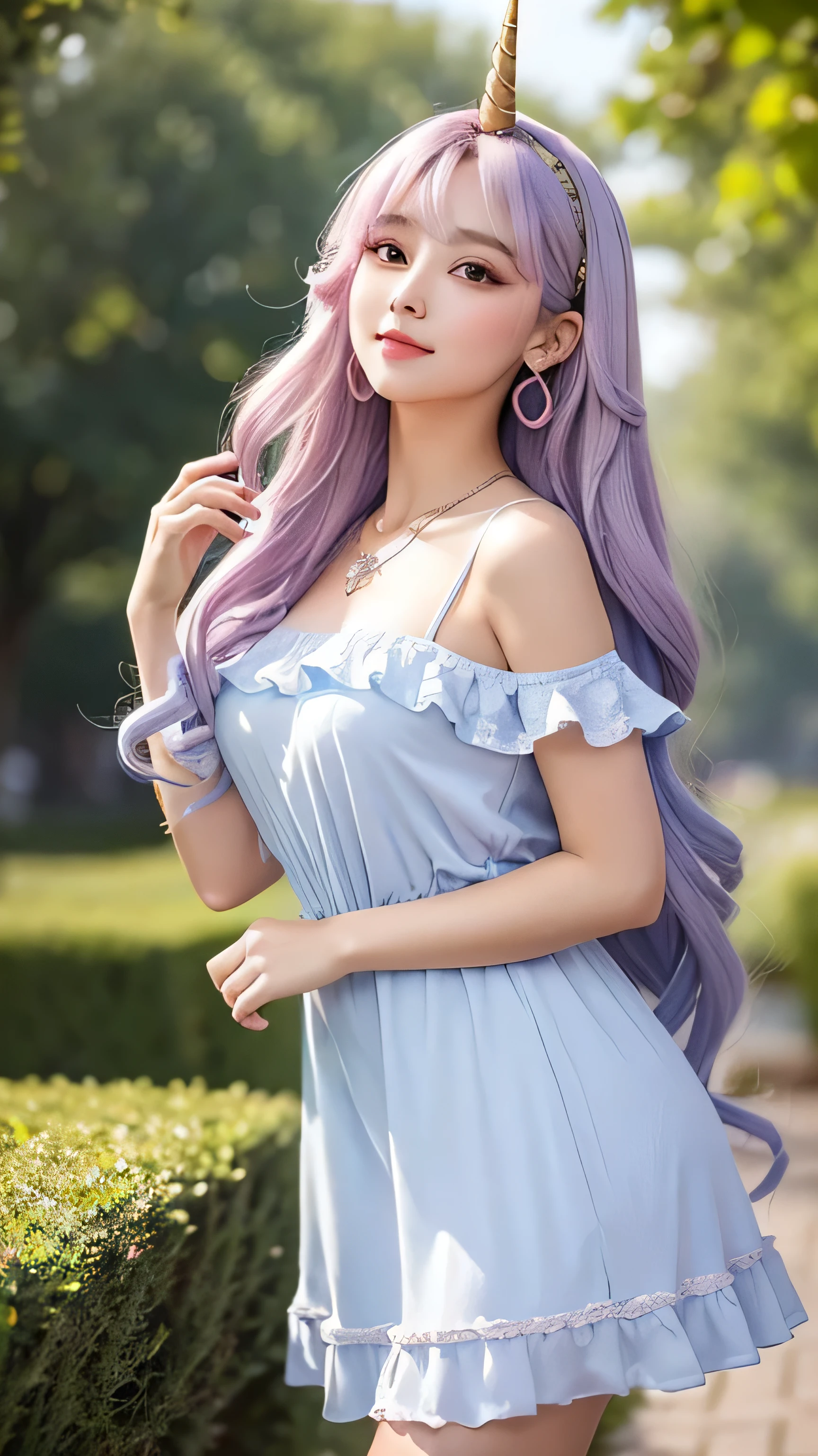 ### Prompt: Moe Character Unicorn
Create an ultra-cute and enchanting depiction of a humanized unicorn, transformed into an irresistibly adorable moe character.
**Overall Appearance**:
- **Height**: She stands at an average height for a young woman, around 160 cm, with a and well-proportioned body. Her figure is slender yet curvy, exuding a blend of youthful charm and grace.
- **Skin**: Her skin is smooth and porcelain-like, glowing with a soft, ethereal light. It's flawless, with a slight blush giving her cheeks a rosy hue.
- **Horn**: A small, delicate, spiraled unicorn horn extends from her forehead, shimmering with a gentle glow.
- **Mane**: Her hair is long and flowing, cascading down to her waist in soft, wavy locks. It is a brilliant mix of pastel colors like pink, lavender, and blue, adding to her magical appearance. It shimmers like spun silk.
- **Eyes**: Her eyes are large and sparkling, with a captivating, bright hue. They are framed by long, fluttery eyelashes that enhance her innocent and enchanting gaze. Her eyes reflect kindness and curiosity.
- **Facial Features**: She has delicate and refined facial features, with high cheekbones, a small nose, and full, glossy lips. Her expression is always cheerful and inviting, with a sweet and gentle smile.
**Clothing and Accessories**:
- **Attire**: She wears a moe-style outfit blending traditional and modern elements. Her dress is a soft pastel color with frills, lace trim, and a large, adorable bow at the waist. The bodice is fitted, enhancing her cute and graceful appearance.
- **Accessories**: She wears a delicate, glowing halo above her head. Her jewelry includes small, star-shaped earrings and a matching necklace. She may also have flowers woven into her hair, adding to her otherworldly beauty.
**Pose and Action**:
- **Pose**: She stands tall and poised, her head held high and her gaze directed forward. Her stance is confident yet innocent, exuding a sense of calm and power.
- **Movement**: Her