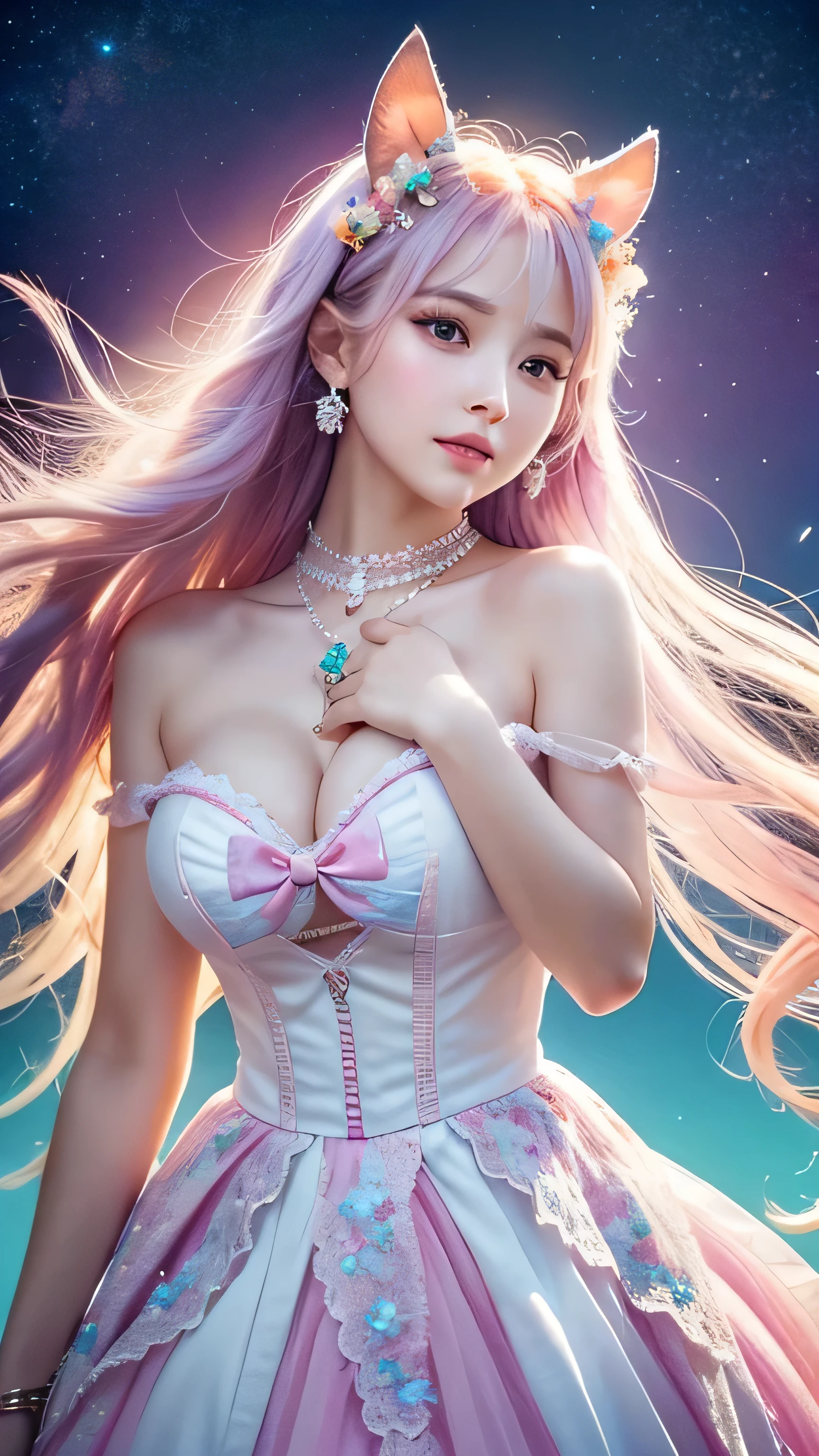 ### Prompt: Moe Character Unicorn
Create an ultra-cute and enchanting depiction of a humanized unicorn, transformed into an irresistibly adorable moe character.
**Overall Appearance**:
- **Height**: She stands at an average height for a young woman, around 160 cm, with a and well-proportioned body. Her figure is slender yet curvy, exuding a blend of youthful charm and grace.
- **Skin**: Her skin is smooth and porcelain-like, glowing with a soft, ethereal light. It's flawless, with a slight blush giving her cheeks a rosy hue.
- **Horn**: A small, delicate, spiraled unicorn horn extends from her forehead, shimmering with a gentle glow.
- **Mane**: Her hair is long and flowing, cascading down to her waist in soft, wavy locks. It is a brilliant mix of pastel colors like pink, lavender, and blue, adding to her magical appearance. It shimmers like spun silk.
- **Eyes**: Her eyes are large and sparkling, with a captivating, bright hue. They are framed by long, fluttery eyelashes that enhance her innocent and enchanting gaze. Her eyes reflect kindness and curiosity.
- **Facial Features**: She has delicate and refined facial features, with high cheekbones, a small nose, and full, glossy lips. Her expression is always cheerful and inviting, with a sweet and gentle smile.
**Clothing and Accessories**:
- **Attire**: She wears a moe-style outfit blending traditional and modern elements. Her dress is a soft pastel color with frills, lace trim, and a large, adorable bow at the waist. The bodice is fitted, enhancing her cute and graceful appearance.
- **Accessories**: She wears a delicate, glowing halo above her head. Her jewelry includes small, star-shaped earrings and a matching necklace. She may also have flowers woven into her hair, adding to her otherworldly beauty.
**Pose and Action**:
- **Pose**: She stands tall and poised, her head held high and her gaze directed forward. Her stance is confident yet innocent, exuding a sense of calm and power.
- **Movement**: Her
