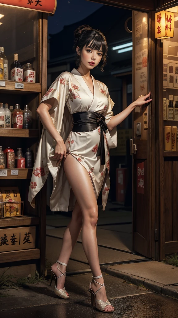 ((Extremely detailed CG unit 8k wallpaper, masterpiece, A high resolution, quality,)), ((one very beautiful woman, of expressions, lush lips, pose like model:1.5,High heel, upper part of body, Japanese style short outer box, Japanese design super lost short sleeves,Japanese patterned robe)), (disheveled black hair, White-skinned, small), ((corner store,the night,Bright street )),