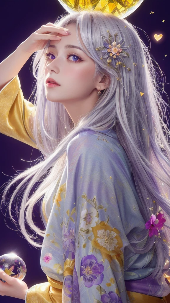 (masterpiece:1.3), (8k, photorealistic, raw photo, highest quality:1.4), (one girl), beautiful face, (realistic face), (long hair), (silver hair, near white hair, shiny hair, beautiful straight hair), (even bangs), (Sharp bangs), straight hairstyle, realistic eyes, beautiful detailed eyes (purple eyes), (sharp eyes), (realistic skin), beautiful skin, (kimono), (magician's kimono), (flower hair ornament), attractive, ultra high resolution, ultra realistic, highly detailed, golden ratio, colorful background, (flowers blooming), (energy dancing background), magician, facing forward, looking straight ahead, holding crystal ball, (heart crystal ball, love crystal ball).Anatomically correct, Highest quality, accurate, High resolution, Facing forward,