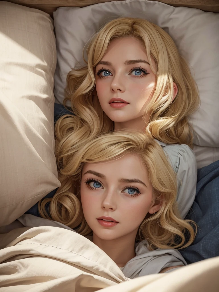 We are looking down at a blonde woman from the 1950s lying in bed, partly beneath the rumpled bedsheets. Her hair is disheveled, she is blustered and moaning.