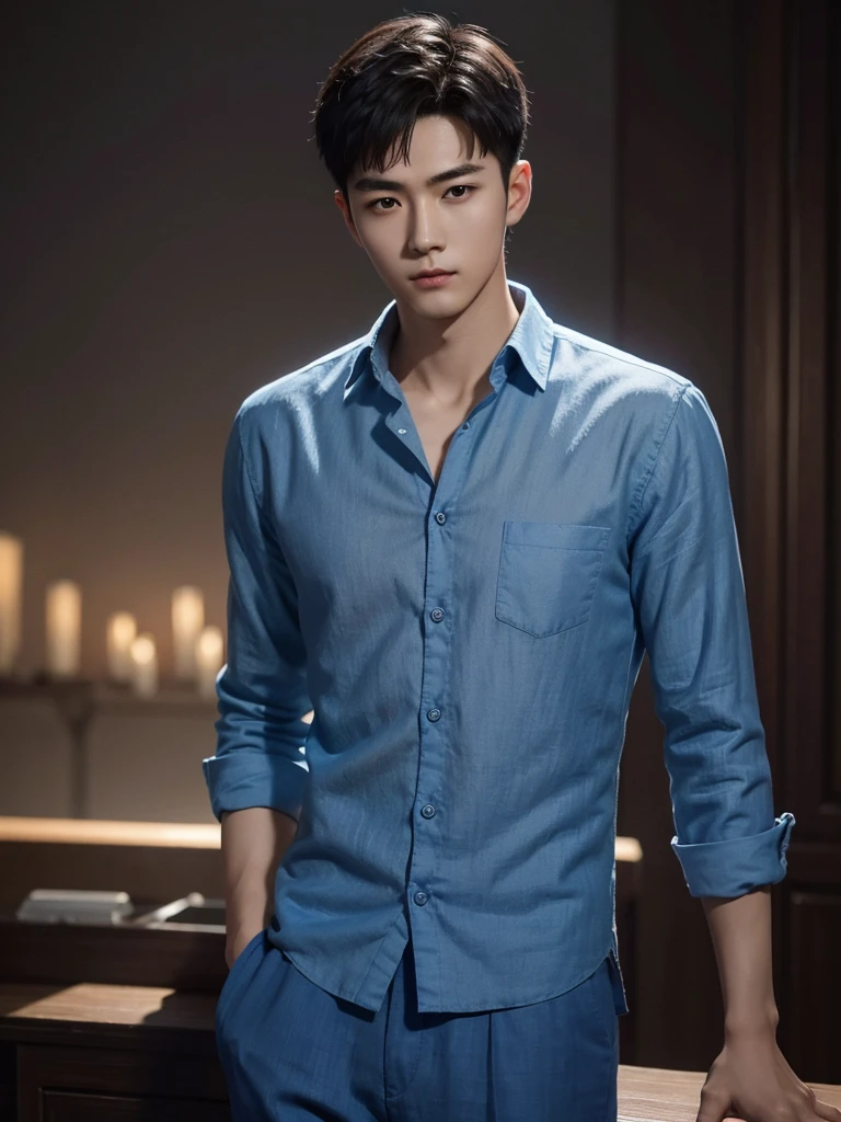 1 Handsome chinese slim guy, 20 years old, short hair,Wear blue linen,realisticlying,dynamic lights,Brush cut,Thin stature,no facial hair,full shoot,(Highly detailed CG Unity 8k wallpaper),high detal,tack sharp focus,dramatic,Photoreality