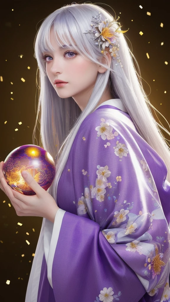 (masterpiece:1.3), (8k, photorealistic, raw photo, highest quality:1.4), (one girl), beautiful face, (realistic face), (long hair), (silver hair, near white hair, shiny hair, beautiful straight hair), (even bangs), (Sharp bangs), straight hairstyle, realistic eyes, beautiful detailed eyes (purple eyes), (sharp eyes), (realistic skin), beautiful skin, (kimono), (magician's kimono), (flower hair ornament), attractive, ultra high resolution, ultra realistic, highly detailed, golden ratio, colorful background, (flowers blooming), (energy dancing background), magician, facing forward, looking straight ahead, holding crystal ball, (heart crystal ball, love crystal ball).Anatomically correct, Highest quality, accurate, High resolution, Facing forward, 