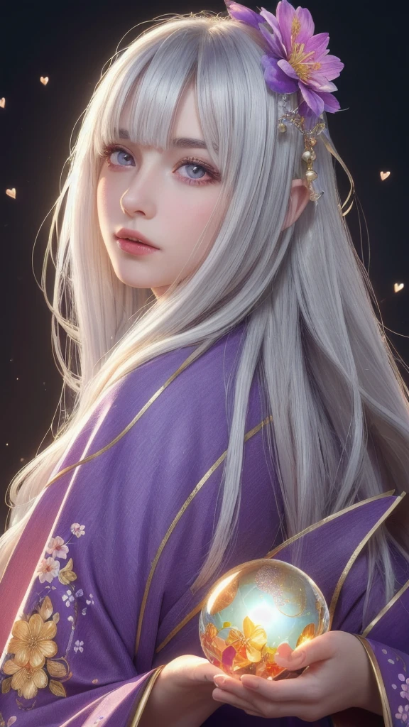 (masterpiece:1.3), (8k, photorealistic, raw photo, highest quality:1.4), (one girl), beautiful face, (realistic face), (long hair), (silver hair, near white hair, shiny hair, beautiful straight hair), (even bangs), (Sharp bangs), straight hairstyle, realistic eyes, beautiful detailed eyes (purple eyes), (sharp eyes), (realistic skin), beautiful skin, (kimono), (magician's kimono), (flower hair ornament), attractive, ultra high resolution, ultra realistic, highly detailed, golden ratio, colorful background, (flowers blooming), (energy dancing background), magician, facing forward, looking straight ahead, holding crystal ball, (heart crystal ball, love crystal ball).Anatomically correct, Highest quality, accurate, High resolution, Facing forward,