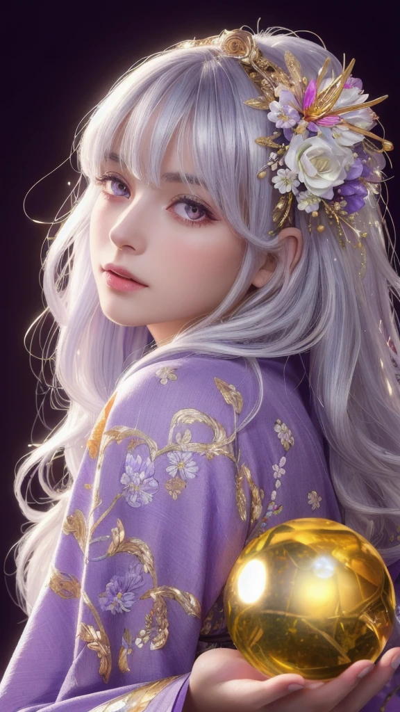 (masterpiece:1.3), (8k, photorealistic, raw photo, highest quality:1.4), (one girl), beautiful face, (realistic face), (long hair), (silver hair, near white hair, shiny hair, beautiful straight hair), (even bangs), (Sharp bangs), straight hairstyle, realistic eyes, beautiful detailed eyes (purple eyes), (sharp eyes), (realistic skin), beautiful skin, (kimono), (magician's kimono), (flower hair ornament), attractive, ultra high resolution, ultra realistic, highly detailed, golden ratio, colorful background, (flowers blooming), (energy dancing background), magician, facing forward, looking straight ahead, holding crystal ball, (heart crystal ball, love crystal ball).Anatomically correct, Highest quality, accurate, High resolution, Facing forward,