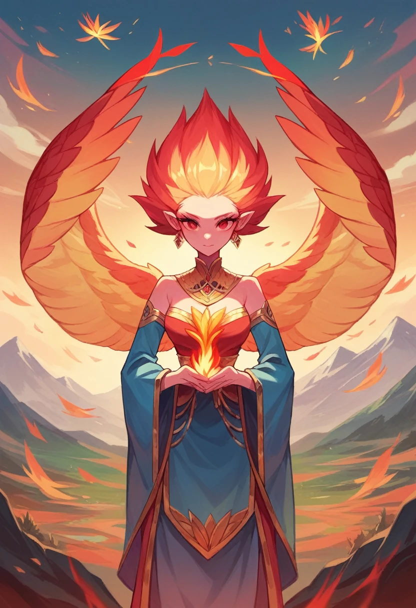 (Masterpiece, best quality: 1.2), a girl with phoenix wings standing in a ring of fire, with glowing red eyes, phoenix, lotus flowers, red gold pink, sunrise from mountain at the background