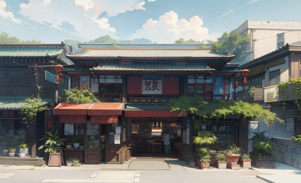 Daytime scene on a bustling street, featuring a two-story Chinese vintage restaurant with sleek glass facade, adorned with verdant potted plants by its entrance.