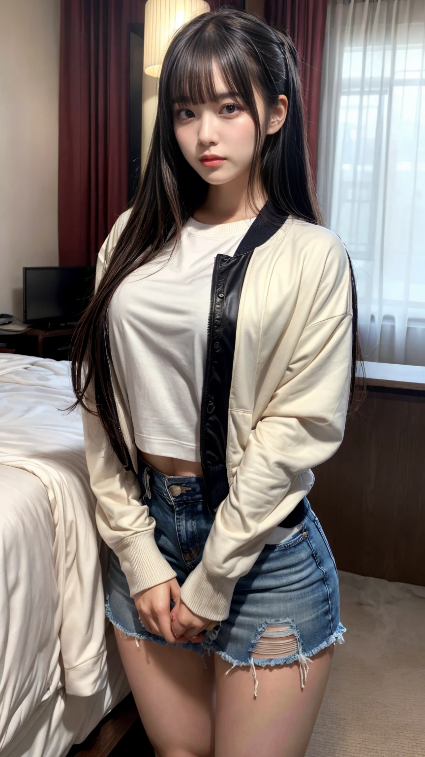 masterpiece, best quality, illustration, Super detailed, fine details, High resolution, 8K,wall paper, perfect dynamic composition,(Details High quality, realistic depiction of eyes:1.3), (Fashionable, Baseball Jacket, Oversized T-shirt, a denim miniskirt), ((trait connection)), long straight hair, black hair color, Big Natural Color Lip, crying a little、Harajuku style、20 year old girl、cute type、lolita、beautiful legs, hotel room, Gravure Idol, Voluptuous thighs