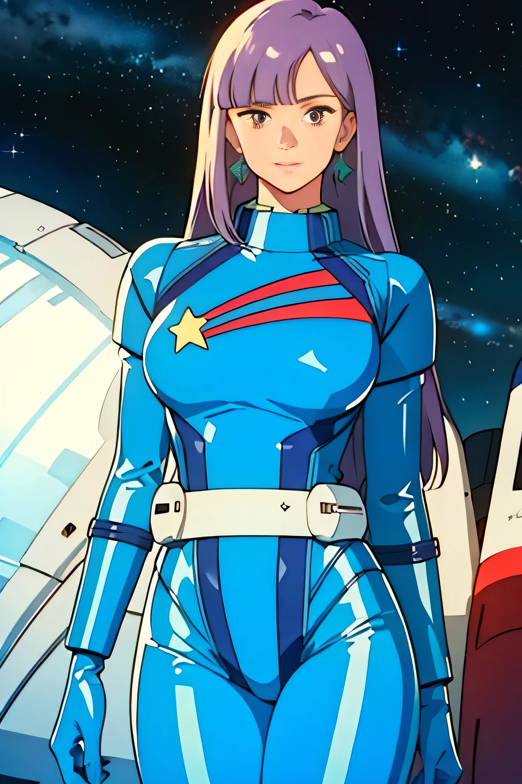 ((masterpiece,cg,best quality,highres)), good anatomy,extremely delicate and beautiful,(semi-realistic:1.5),detailed eyes,perfect face,beautiful face,1girl,solo,louka,blue pilot suit, long hair, purple hair, latex suit, white belt,star mark, light smile, facing viewer,,standing beside window, sexy, alluring, cowboy shot, curvy hips, inside spacecraft,galaxy,planet,glass,