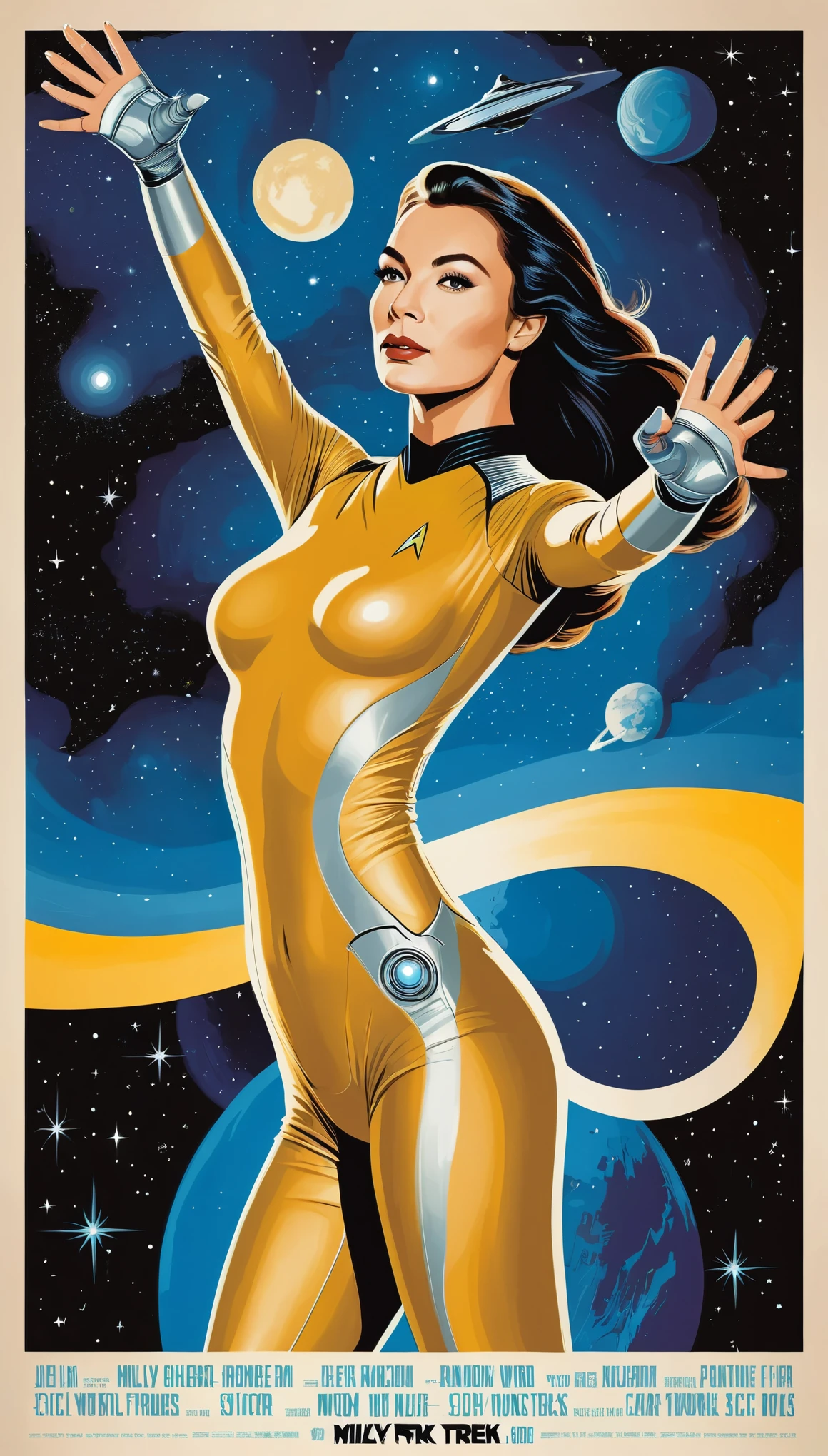 (masterpiece:1.2),(Random two-tone vector art:1.3),Jody Berghsma style,(Vector Flat:1.2),(Sci-fi movie posters:1.6),Sexy Woman,Space Body Suit,star trek style,Milky Way,planet,Spaceship,adventure