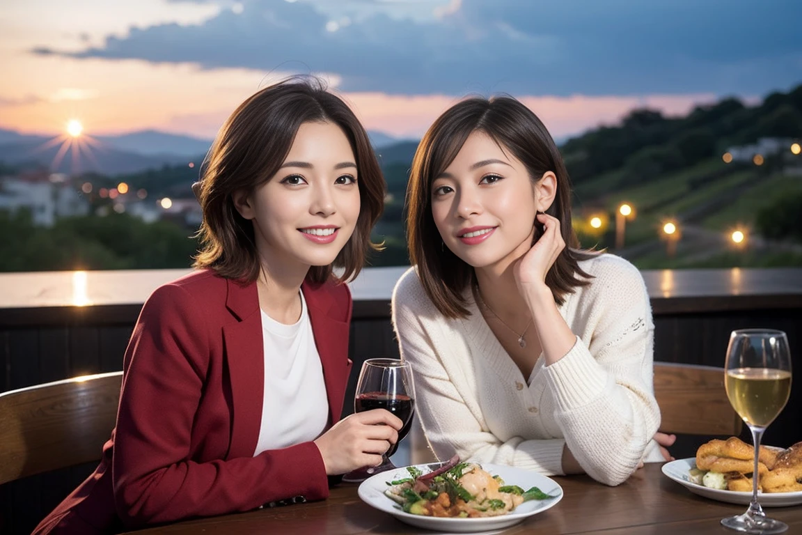 （Realistic:1.1）,(masterpiece,Highest quality)，8k,(49 years old), 47 years old, slimカップル、Model Couple、actress/actor、Tight waist,Upper Body,full-course dinner、wine 、Amazing view of the sunset sky and clouds、Perfect Anatomy, Brown Hair, short hair,Random Hairstyles,((Highly detailed face and eyes:1.2))(cute顔:1.4)，美しいactressの顔，Perfect golden ratio face，Long sleeve shirt、dress,(smile:1.2)、Shortcuts、cute、(Realistic, Intricate details:1.2), A bright smile、short hair,Bright Face、赤wine 、Appetizers、Italian food、wine bottle、Champagne、スパークリングwine、(slimな顔), (The body is slim), (Brown Hair), (Shortcuts),  Upper Body, 白wine, slim, wineグラス, 