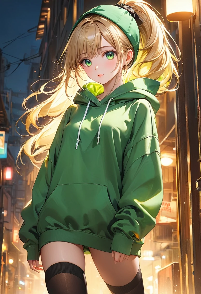 Browsing Caution,((Perfect Anatomy:1.5,Realistic,:1.3,RAW Photos:1.3,masterpiece、Highest quality、Ultra - High resolution、High resolution、Extremely detailed CG、8k)),low-angle view、Cowboy Shot,1 female,alone,20 year old beauty,(Beautiful and exquisite face and eyes,Big and beautiful eyes),Bright green eyes,(Blonde,ponytail,Long Hair,bangs),(Medium chest,Slender body,Small Head,skinny, Glowing Skin,Oily skin,Glowing Skin),walk,((Light green hooded sweatshirt,Oversized hooded sweatshirt,Long sleeve,black_Knee socks,No underwear