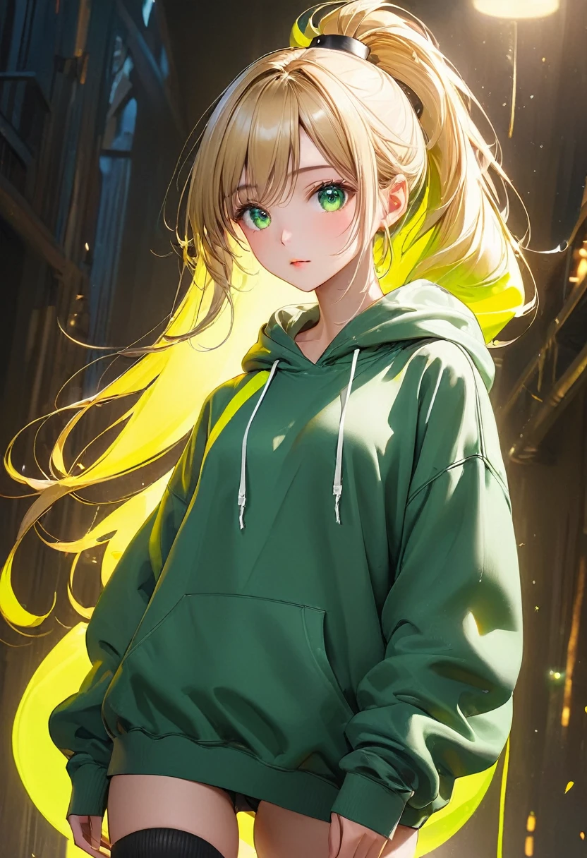 Browsing Caution,((Perfect ???????:1.5,Realistic,:1.3,RAW Photos:1.3,masterpiece、Highest quality、Ultra - High resolution、High resolution、Extremely detailed CG、8k)),low-angle view、Cowboy Shot,1 female,alone,20 year old beauty,(Beautiful and exquisite face and eyes,Big and beautiful eyes),Bright green eyes,(Blonde,ponytail,Long Hair,bangs),(Medium chest,Slender body,Small Head,skinny, Glowing Skin,Oily skin,Glowing Skin),walk,((Light green hooded sweatshirt,Oversized hooded sweatshirt,Long sleeve,black_Knee socks,No underwear