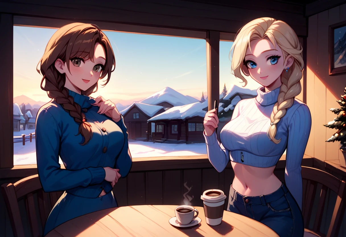 score_9, score_8_up, score_7_up, score_6_up, 2girls, elsa (blonde hair, braid, cute modern winter attire, navel:1.1) and anna (brown hair, braided pigtails, cute modern winter attire, navel:1.3),, romantic scenes, on dates, snowy village street, lovers, in love, inside a roadside coffee shop, having a coffee date, they are seated at a round wooden coffee table, they are enjoying a romantic moment, the camera angle positioned across from them to capture the view outside, the image should convey a sense of warmth and intimacy, with a medium shot framing the couple and the scenic view through the window, coffee, (cinematic lighting:1.2),, (sunset:1.2).