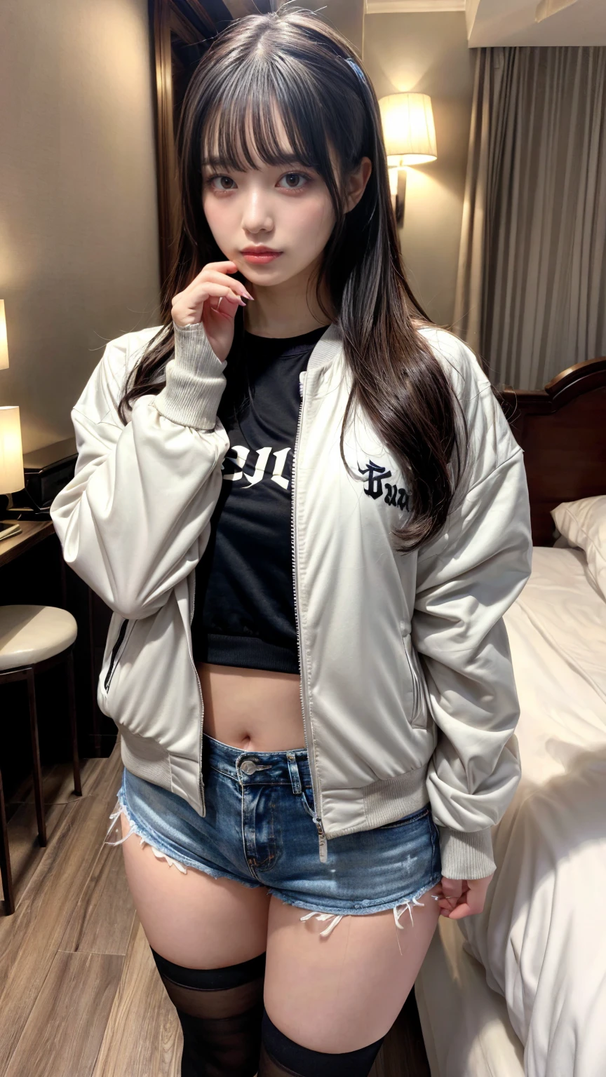 masterpiece, best quality, illustration, Super detailed, fine details, High resolution, 8K,wall paper, perfect dynamic composition,(Details High quality, realistic depiction of eyes:1.3), (Fashionable, Baseball Jacket, Oversized T-shirt, a denim miniskirt), ((trait connection)), long straight hair, black hair color, Big Natural Color Lip, crying a little、Harajuku style、20 year old girl、cute type、lolita、beautiful legs, hotel room, Gravure Idol, Voluptuous thighs