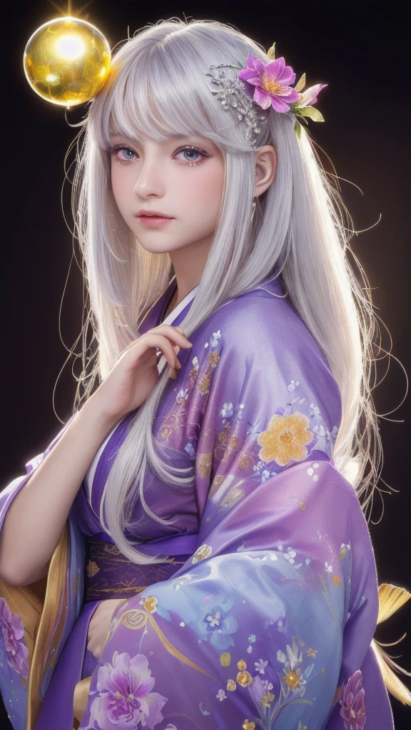 (masterpiece:1.3), (8k, photorealistic, raw photo, highest quality:1.4), (one girl), beautiful face, (realistic face), (long hair), (silver hair, near white hair, shiny hair, beautiful straight hair), (even bangs), (Sharp bangs), straight hairstyle, realistic eyes, beautiful detailed eyes (purple eyes), (sharp eyes), (realistic skin), beautiful skin, (kimono), (magician's kimono), (flower hair ornament), attractive, ultra high resolution, ultra realistic, highly detailed, golden ratio, colorful background, (flowers blooming), (energy dancing background), magician, facing forward, looking straight ahead, holding crystal ball, (heart crystal ball, love crystal ball).Anatomically correct, Highest quality, accurate, High resolution, Facing forward,