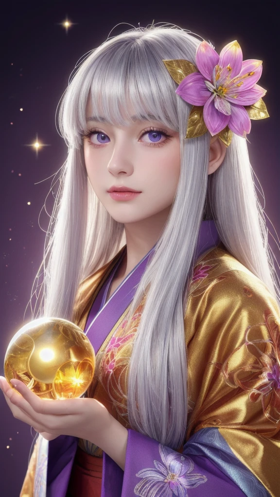 (masterpiece:1.3), (8k, photorealistic, raw photo, highest quality:1.4), (one girl), beautiful face, (realistic face), (long hair), (silver hair, near white hair, shiny hair, beautiful straight hair), (even bangs), (Sharp bangs), straight hairstyle, realistic eyes, beautiful detailed eyes (purple eyes), (sharp eyes), (realistic skin), beautiful skin, (kimono), (magician's kimono), (flower hair ornament), attractive, ultra high resolution, ultra realistic, highly detailed, golden ratio, colorful background, (flowers blooming), (energy dancing background), magician, facing forward, looking straight ahead, holding crystal ball, (heart crystal ball, love crystal ball).Anatomically correct, Highest quality, accurate, High resolution, Facing forward,