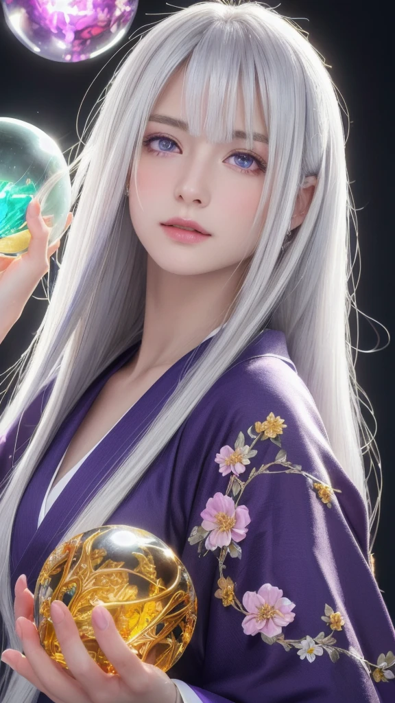 (masterpiece:1.3), (8k, photorealistic, raw photo, highest quality:1.4), (one girl), beautiful face, (realistic face), (long hair), (silver hair, near white hair, shiny hair, beautiful straight hair), (even bangs), (Sharp bangs), straight hairstyle, realistic eyes, beautiful detailed eyes (purple eyes), (sharp eyes), (realistic skin), beautiful skin, (kimono), (magician's kimono), (flower hair ornament), attractive, ultra high resolution, ultra realistic, highly detailed, golden ratio, colorful background, (flowers blooming), (energy dancing background), magician, facing forward, looking straight ahead, holding crystal ball, (heart crystal ball, love crystal ball).Anatomically correct, Highest quality, accurate, High resolution, Facing forward,
