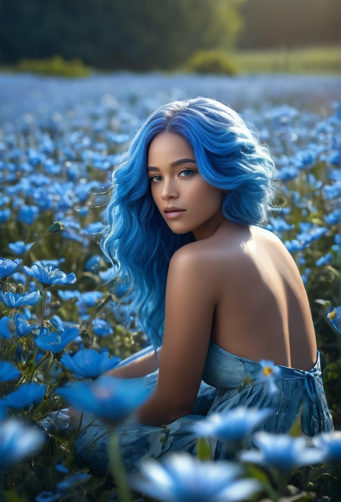 A beautiful biracial woman,full body, blue hair, light blue eyes, lay on field of blue Flower, blue powder, view from the back (best quality,4k,8k,highres,masterpiece:1.2),ultra-detailed,(realistic,photorealistic,photo-realistic:1.37),HDR,UHD,studio lighting,ultra-fine painting,sharp focus,physically-based rendering,extreme detail description,professional,vivid colors,bokeh,photography,cool colors,dramatic lighting, Gros seins,