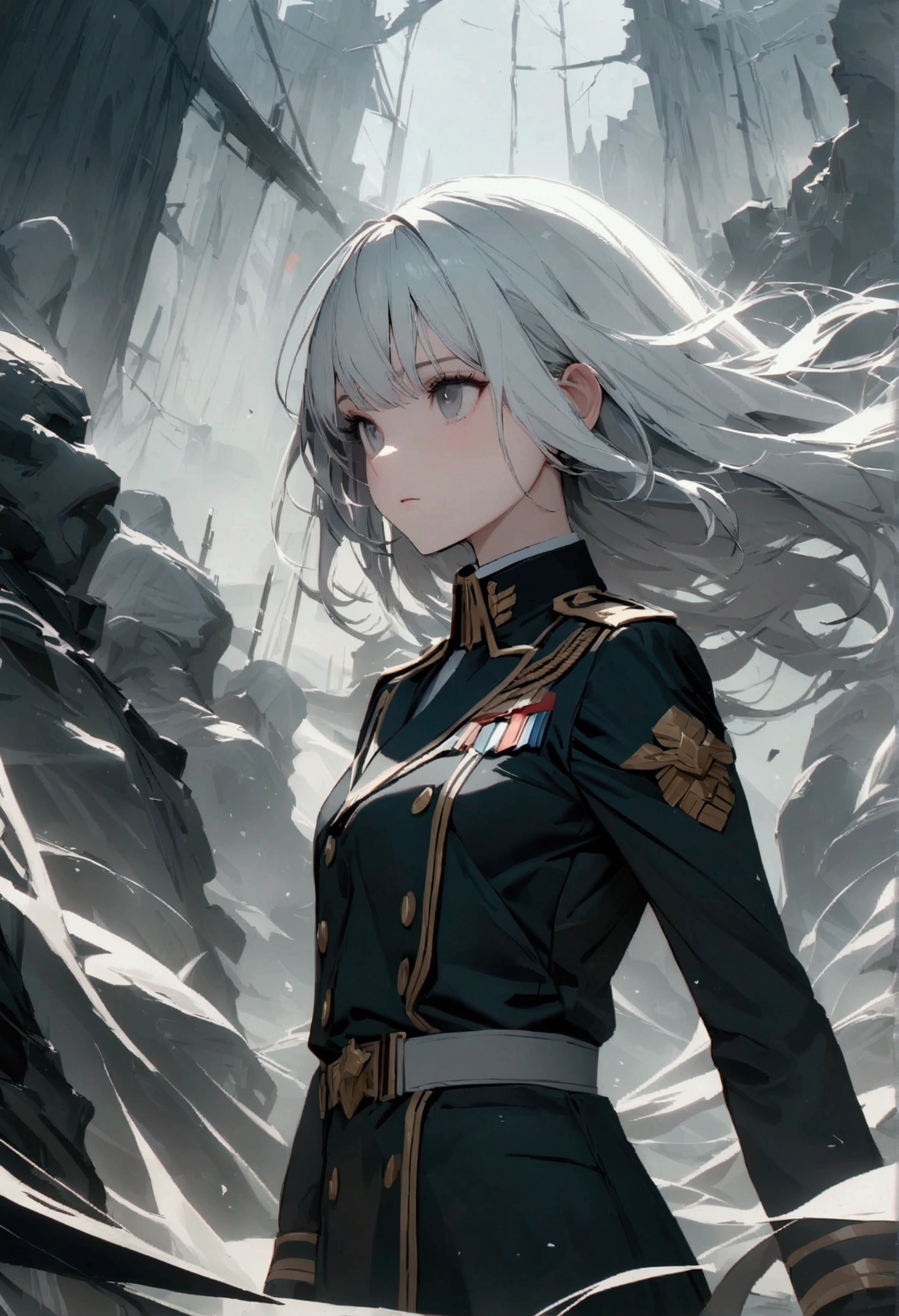 Long white hair, grey eyes, slim,uniform,8k, best quality, high resolution.