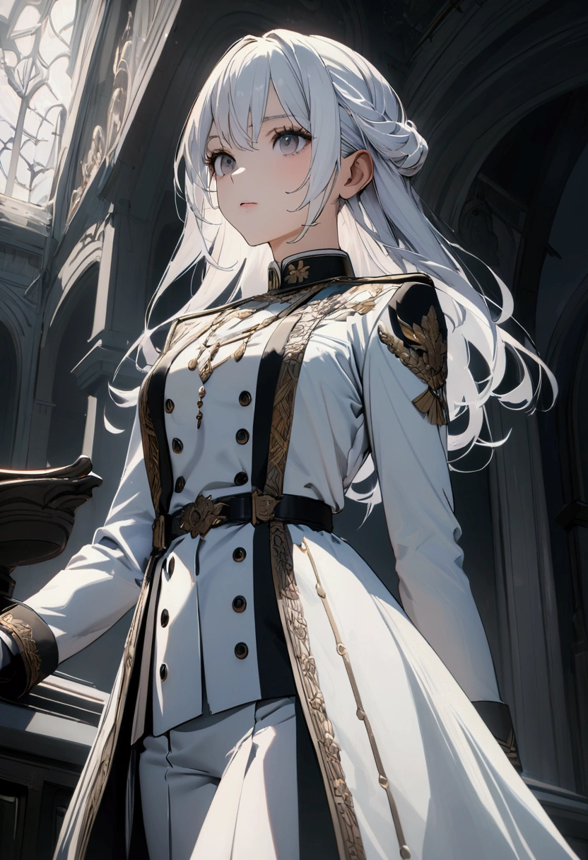 Long white hair, grey eyes, slim,uniform,8k, best quality, high resolution.