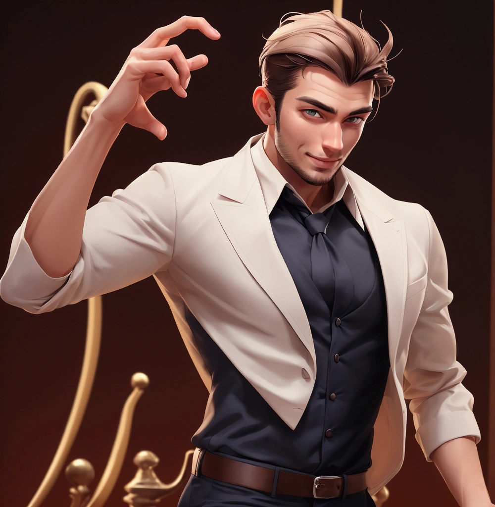 Handsome man in his 30s, skinny body type, winking, Focus on face, Without background