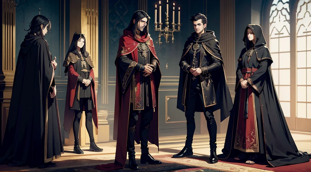    The apostles wear ceremonial robes, The tunics are predominantly black, symbolizing the connection with darkness and the mystery of vampires. Deep red details, representing blood and life. The material is made from luxurious fabrics like silk, to give a feeling of wealth and power, material provided by vampires, there is nothing equally as luxurious in the clothing of the farm people, as for these tunics. The cut is long and fluid, hitting the ground, with wide sleeves that open in the shape of a bell, allowing graceful and imposing movements during ceremonies. A wide hood that can partially cover the face, adding an air of mystery and reverence. Interior of the hood lined with red fabric, visible when hood is worn. The cape is fastened at the shoulder with stylized brooches., symbols associated with vampires. Heavy gold necklaces with pendants shaped like vampire teeth, small vials containing red liquid, symbolizing the essence of life and submission to vampiric power. Dark leather belts with ornate buckles, where the apostles can carry small sacred books, amulets or ritual tools. Fine leather and black lace gloves, to add a touch of elegance and mystery. Polished leather boots, high to the knee, com detalhes em ouro. Boots are practical for long walks during rituals or pilgrimages, but also elegant for ceremonies.