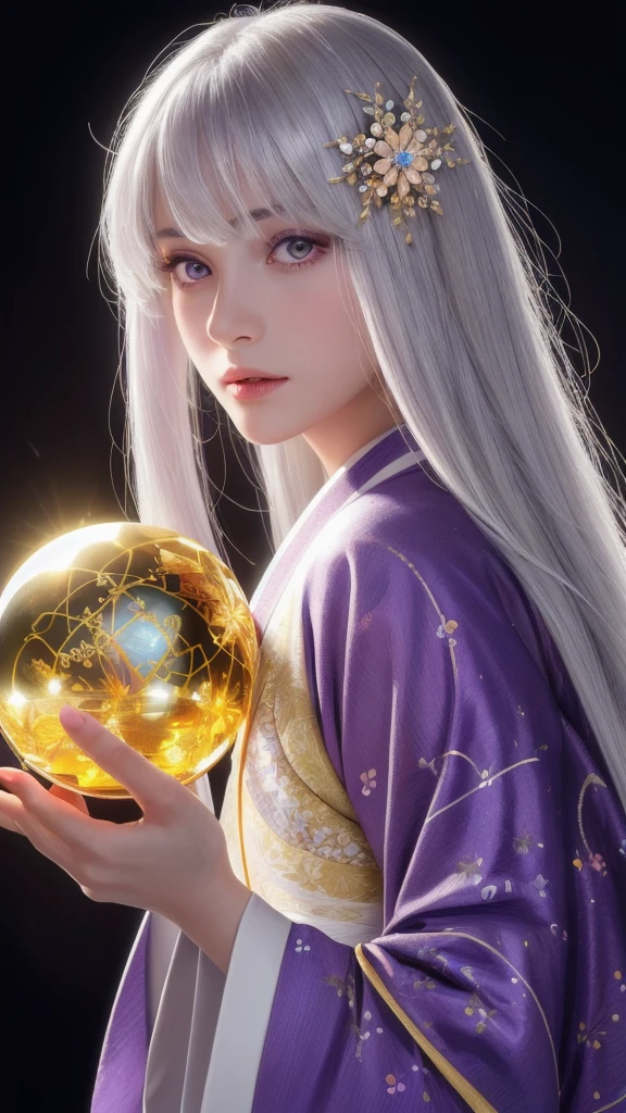 (masterpiece:1.3), (8k, photorealistic, raw photo, highest quality:1.4), (one girl), beautiful face, (realistic face), (long hair), (silver hair, near white hair, shiny hair, beautiful straight hair), (even bangs), (Sharp bangs), straight hairstyle, realistic eyes, beautiful detailed eyes (purple eyes), (sharp eyes), (realistic skin), beautiful skin, (kimono), (magician's kimono), (flower hair ornament), attractive, ultra high resolution, ultra realistic, highly detailed, golden ratio, colorful background, (flowers blooming), (energy dancing background), magician, facing forward, looking straight ahead, holding crystal ball, (heart crystal ball, love crystal ball).Anatomically correct, Highest quality, accurate, High resolution, Facing forward,