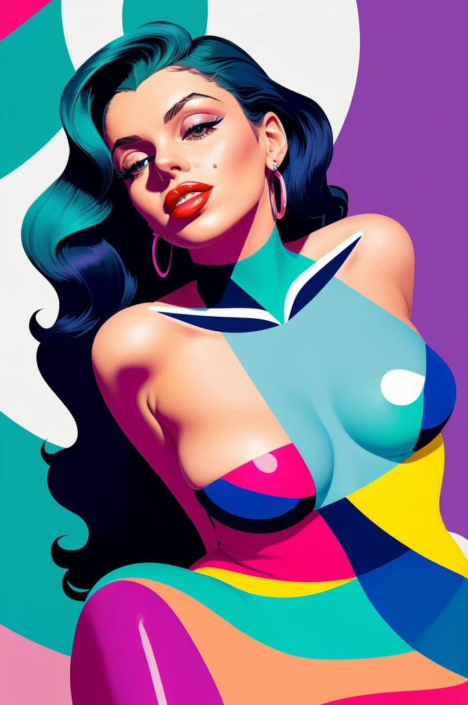 Stunningly beautiful goddess (mix of Vanessa Ferlito | Marilyn Monroe), (character splash art:1.2), model pose,
Art by Adrian Johnson,
Bold use of color and geometric shapes to create abstract and stylized illustrations that represent simplicity and minimalism. The artwork embodies playful charm with a child-like innocence and is known for a friendly and approachable tone. Strong visual impact through a harmonious blend of clean lines and bright colors.
by Satori Canton𧸠cleavage