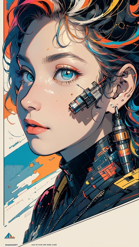 (((masterpiece, highest quality))),(((solo:1.2))),(((1girl:1.2))),32k wallpaper, very detailed, poster, vintage science fiction,(((((geometric cinematic movie poster))))), ((bauhaus)),(shape),(((abstract))),(mid century modern),movie poster,(((((portfolio))))),(((((Close-up))))),(((((bust up))))),((((more various angle)))),((((highlight)))),Vast landscape,((((heterochromia)))),(((complete. detailed face))),((((Extremely talented)))),(((((most complecated futristic machine))))),(Colorful color scheme),reflect mechanic