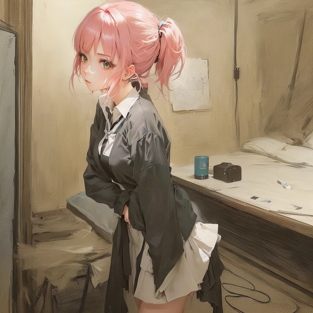 anime girl Pink Hair standing in front of a mirror, Gwaiz, Madoka Kaname, Gwaiz on Pixiv artstation, Pink Hair, Gwaiz on artstation Pixiv, Pixiv, Zerochan Art, artwork in the style of Gwaiz, mirai nikki, digital art on Pixiv, at PixivLet's start with a base illustration of a young female character.
Adjust the hair color to Hatsune Miku's iconic turquoise blue.
Style the hair to be very long, reaching below the waist, in twin tails. Ensure the twin tails are evenly balanced and neatly wrapped at the top.
Give the hair a glossy appearance and a slightly voluminous texture.
Create a youthful and cute facial expression with large, expressive eyes. The eye color should be a bright shade of blue.
Give her a characteristic slim and  body frame.
Remove the distinctive outfit consisting of a sleeveless top, tie, and pleated skirt. Include shades of teal and black in the color scheme.
Include signature accessories such as a futuristic headset, microphone, and detachable sleeves.
Optionally, add knee-high boots or thigh-high socks in matching color tones.
Provide a background that complements the aesthetic, such as a futuristic cityscape or a concert stage with colorful lights.
Please note that due to the complexity of the instructions, it may be challenging for an AI to accurately generate an image based on the exact specifications provided.
Please draw it in a sketch-like style, resembling an idea sketch.
A drawing that looks like it was done with a pencil. A picture drawn in a messy manner. A drawing done with hesitation.Soft Joints - Dancer's Joints - Twisting the Hips Dramatically - No Use of Black in Outlines - Pink Illumination - Lowered Gaze - Slender Eyes - Puffy Cheeks - Visible Abdominal Skin - Hair Color is Aqua - Hair Doesn't Turn Green - Employing Light Pastel Colors for Outlines.