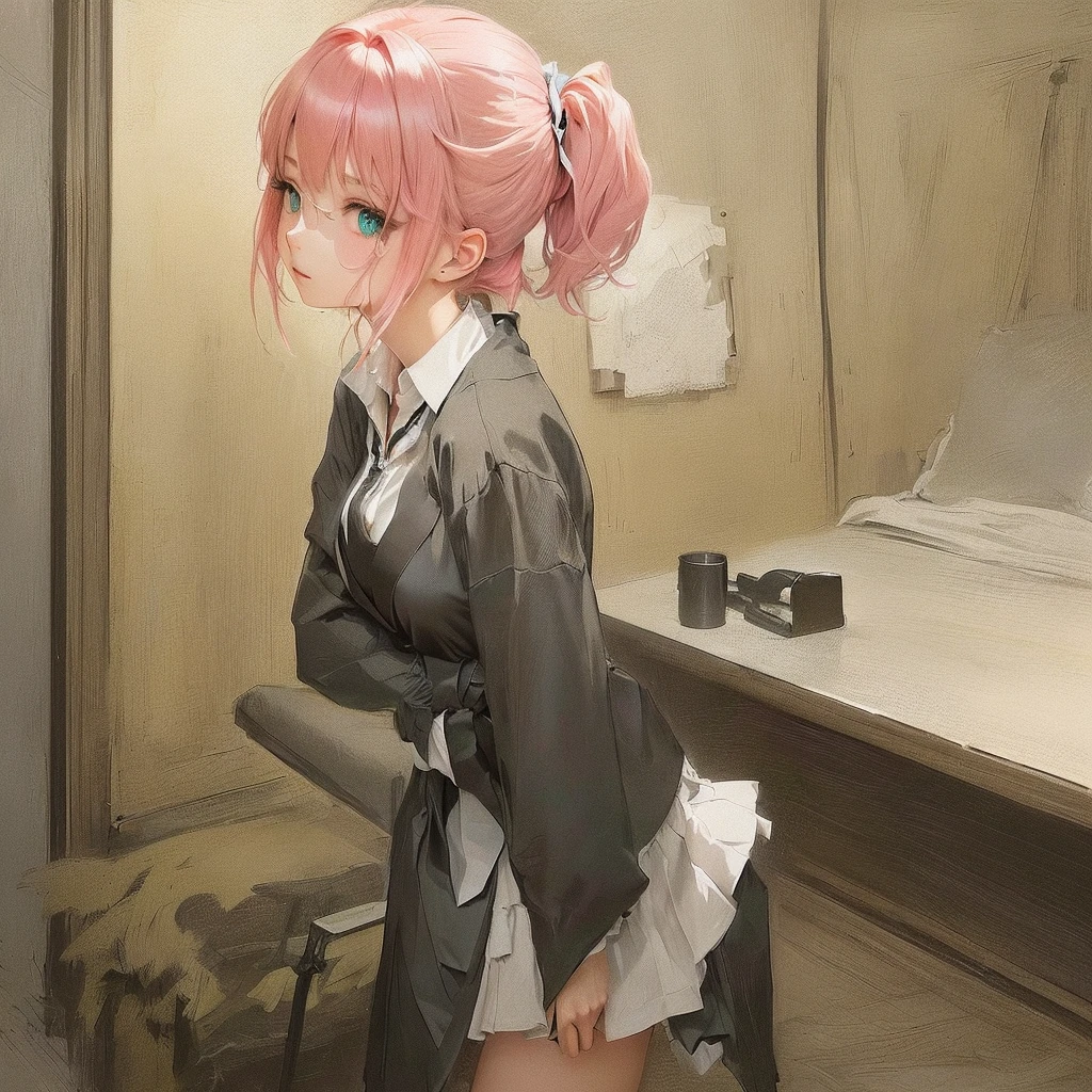 anime girl Pink Hair standing in front of a mirror, Gwaiz, Madoka Kaname, Gwaiz on Pixiv artstation, Pink Hair, Gwaiz on artstation Pixiv, Pixiv, Zerochan Art, artwork in the style of Gwaiz, mirai nikki, digital art on Pixiv, at PixivLet's start with a base illustration of a young female character.
Adjust the hair color to Hatsune Miku's iconic turquoise blue.
Style the hair to be very long, reaching below the waist, in twin tails. Ensure the twin tails are evenly balanced and neatly wrapped at the top.
Give the hair a glossy appearance and a slightly voluminous texture.
Create a youthful and cute facial expression with large, expressive eyes. The eye color should be a bright shade of blue.
Give her a characteristic slim and body frame.
Remove the distinctive outfit consisting of a sleeveless top, tie, and pleated skirt. Include shades of teal and black in the color scheme.
Include signature accessories such as a futuristic headset, microphone, and detachable sleeves.
Optionally, add knee-high boots or thigh-high socks in matching color tones.
Provide a background that complements the aesthetic, such as a futuristic cityscape or a concert stage with colorful lights.
Please note that due to the complexity of the instructions, it may be challenging for an AI to accurately generate an image based on the exact specifications provided.
Please draw it in a sketch-like style, resembling an idea sketch.
A drawing that looks like it was done with a pencil. A picture drawn in a messy manner. A drawing done with hesitation.Soft Joints - Dancer's Joints - Twisting the Hips Dramatically - No Use of Black in Outlines - Pink Illumination - Lowered Gaze - Slender Eyes - Puffy Cheeks - Visible Abdominal Skin - Hair Color is Aqua - Hair Doesn't Turn Green - Employing Light Pastel Colors for Outlines.
