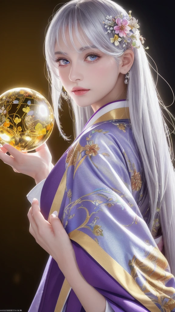 (masterpiece:1.3), (8k, photorealistic, raw photo, highest quality:1.4), (one girl), beautiful face, (realistic face), (long hair), (silver hair, near white hair, shiny hair, beautiful straight hair), (even bangs), (Sharp bangs), straight hairstyle, realistic eyes, beautiful detailed eyes (purple eyes), (sharp eyes), (realistic skin), beautiful skin, (kimono), (magician's kimono), (flower hair ornament), attractive, ultra high resolution, ultra realistic, highly detailed, golden ratio, colorful background, (flowers blooming), (energy dancing background), magician, facing forward, looking straight ahead, holding crystal ball, (heart crystal ball, love crystal ball).Anatomically correct, Highest quality, accurate, High resolution, Facing forward, 