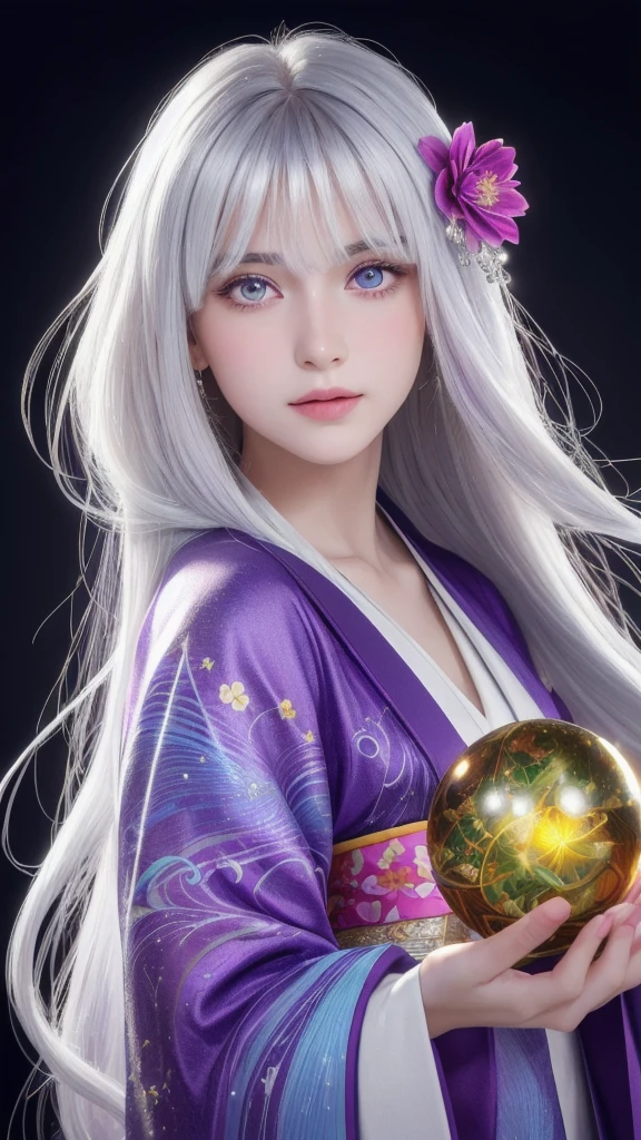 (masterpiece:1.3), (8k, photorealistic, raw photo, highest quality:1.4), (one girl), beautiful face, (realistic face), (long hair), (silver hair, near white hair, shiny hair, beautiful straight hair), (even bangs), (Sharp bangs), straight hairstyle, realistic eyes, beautiful detailed eyes (purple eyes), (sharp eyes), (realistic skin), beautiful skin, (kimono), (magician's kimono), (flower hair ornament), attractive, ultra high resolution, ultra realistic, highly detailed, golden ratio, colorful background, (flowers blooming), (energy dancing background), magician, facing forward, looking straight ahead, holding crystal ball, (heart crystal ball, love crystal ball).Anatomically correct, Highest quality, accurate, High resolution, Facing forward,