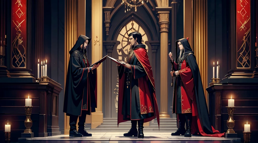 The apostles wear ceremonial robes, The tunics are predominantly black, symbolizing the connection with darkness and the mystery of vampires. Deep red details, representing blood and life. The material is made from luxurious fabrics like silk, to give a feeling of wealth and power, material provided by vampires, there is nothing equally as luxurious in the clothing of the farm people, as for these tunics. The cut is long and fluid, hitting the ground, with wide sleeves that open in the shape of a bell, allowing graceful and imposing movements during ceremonies. A wide hood that can partially cover the face, adding an air of mystery and reverence. Interior of the hood lined with red fabric, visible when hood is worn. The cape is fastened at the shoulder with stylized brooches., symbols associated with vampires. Heavy gold necklaces with pendants shaped like vampire teeth, small vials containing red liquid, symbolizing the essence of life and submission to vampiric power. Dark leather belts with ornate buckles, where the apostles can carry small sacred books, amulets or ritual tools. Fine leather and black lace gloves, to add a touch of elegance and mystery. Polished leather boots, high to the knee, com detalhes em ouro. Boots are practical for long walks during rituals or pilgrimages, but also elegant for ceremonies.