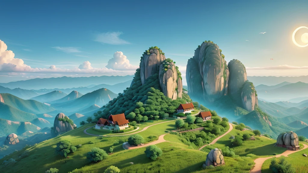 High resolution landscape, stylized.  It has mountains of geometric shapes with large sun or moon, Palely hanging low in the sky.  The foreground shows flat land with scattered shapes that resemble rocks or boulders.  Những gam màu pastel nhẹ nhàng tạo ra một bầu không khí yên tĩnh và siêu thực. 