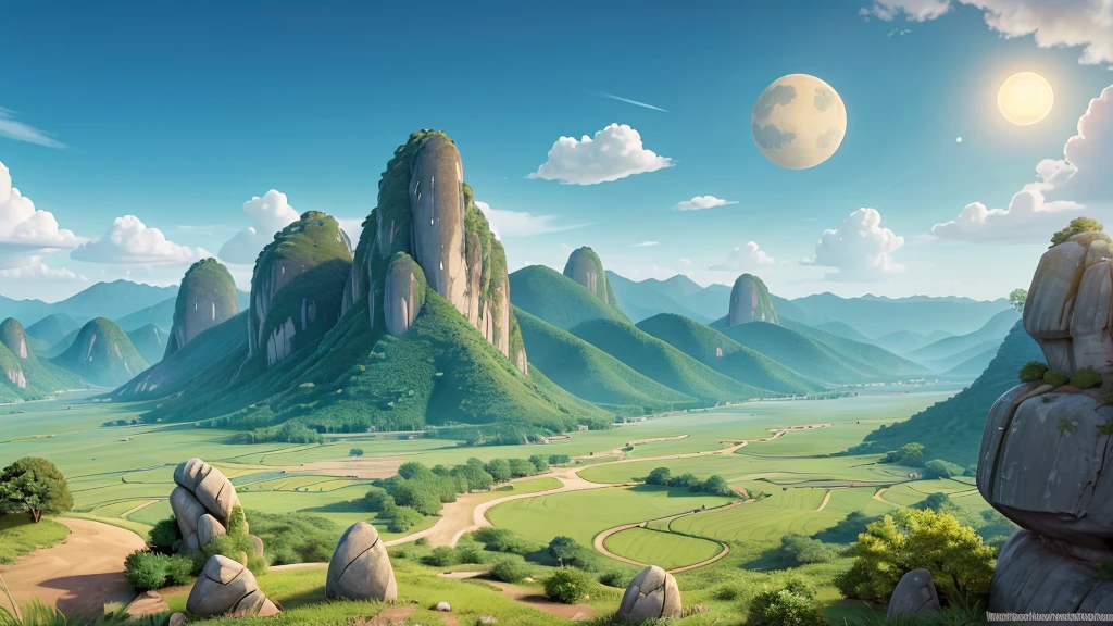 High resolution landscape, stylized. It has mountains of geometric shapes with large sun or moon, Palely hanging low in the sky. The foreground shows flat land with scattered shapes that resemble rocks or boulders. Những gam màu pastel nhẹ nhàng tạo ra một bầu không khí yên tĩnh và siêu thực.