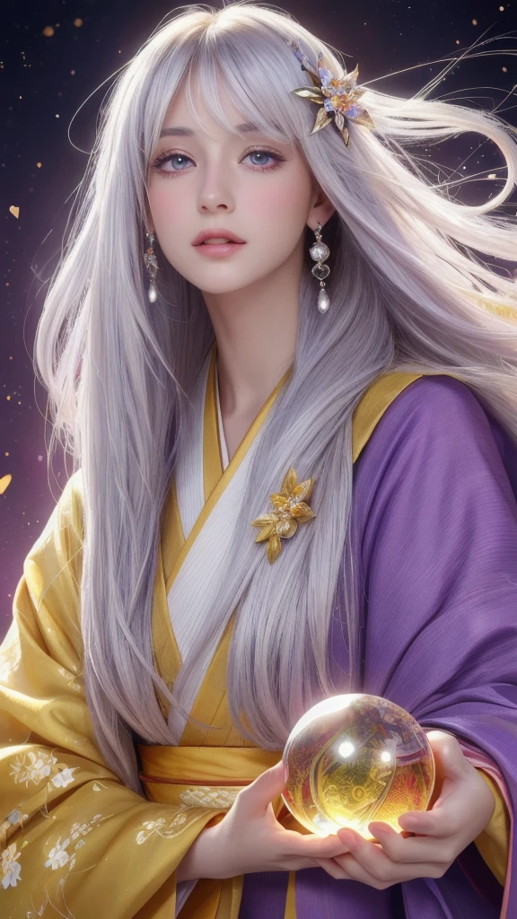 (masterpiece:1.3), (8k, photorealistic, raw photo, highest quality:1.4), (one girl), beautiful face, (realistic face), (long hair), (silver hair, near white hair, shiny hair, beautiful straight hair), (even bangs), (Sharp bangs), straight hairstyle, realistic eyes, beautiful detailed eyes (purple eyes), (sharp eyes), (realistic skin), beautiful skin, (kimono), (magician's kimono), (flower hair ornament), attractive, ultra high resolution, ultra realistic, highly detailed, golden ratio, colorful background, (flowers blooming), (energy dancing background), magician, facing forward, looking straight ahead, holding crystal ball, (heart crystal ball, love crystal ball).Anatomically correct, Highest quality, accurate, High resolution, Facing forward, 