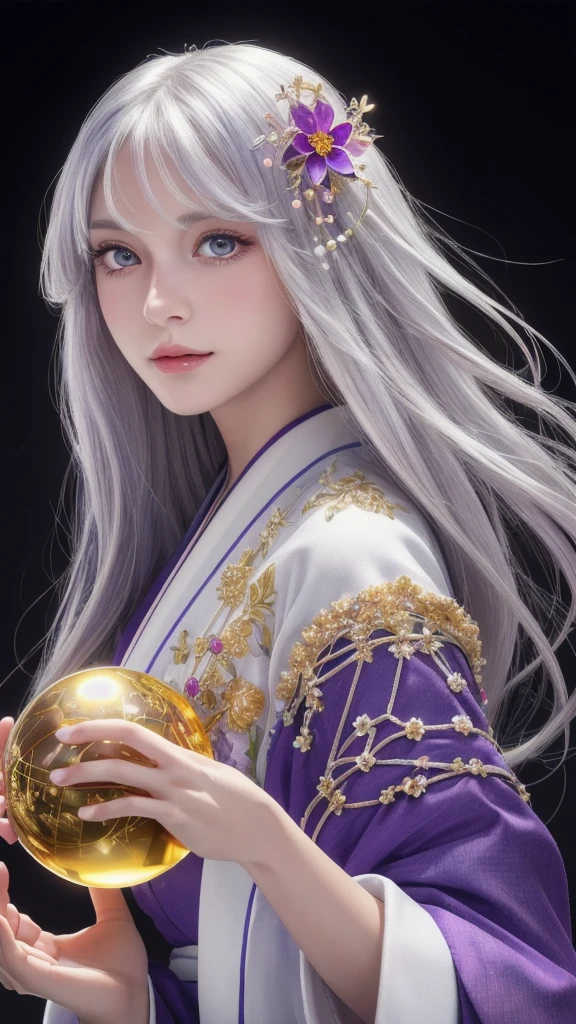 (masterpiece:1.3), (8k, photorealistic, raw photo, highest quality:1.4), (one girl), beautiful face, (realistic face), (long hair), (silver hair, near white hair, shiny hair, beautiful straight hair), (even bangs), (Sharp bangs), straight hairstyle, realistic eyes, beautiful detailed eyes (purple eyes), (sharp eyes), (realistic skin), beautiful skin, (kimono), (magician's kimono), (flower hair ornament), attractive, ultra high resolution, ultra realistic, highly detailed, golden ratio, colorful background, (flowers blooming), (energy dancing background), magician, facing forward, looking straight ahead, holding crystal ball, (heart crystal ball, love crystal ball).Anatomically correct, Highest quality, accurate, High resolution, Facing forward, 