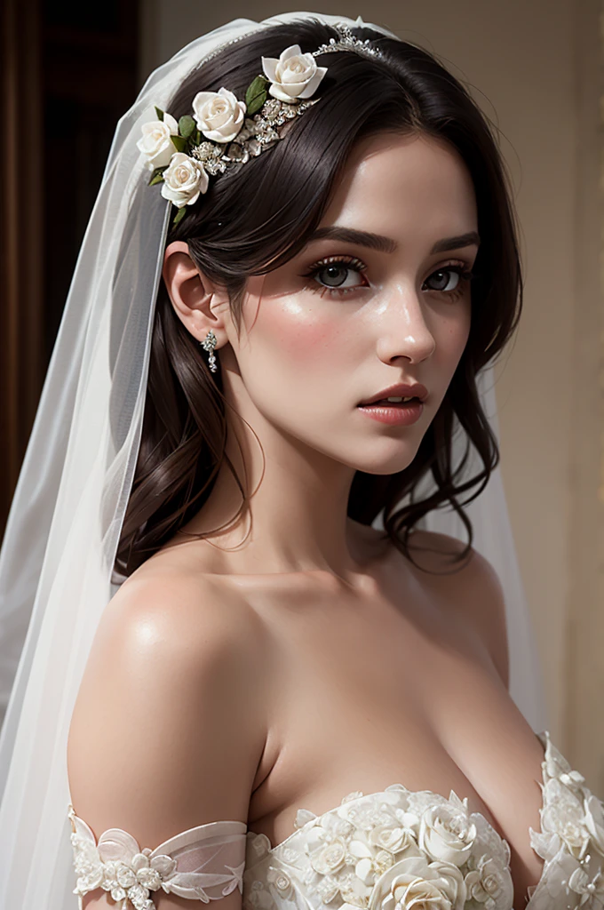 sensual, beautiful, female, woman, (bride:weddingdress:1.1), flower, lace, veil, romantic, passionate, love, desire, seduction, attractive,, Hyperrealistic art, (masterpiece, high quality, best quality:1.2), (intricate, detailed:1.2),Extremely high-resolution details, photographic, realism pushed to extreme, fine texture, incredibly lifelike