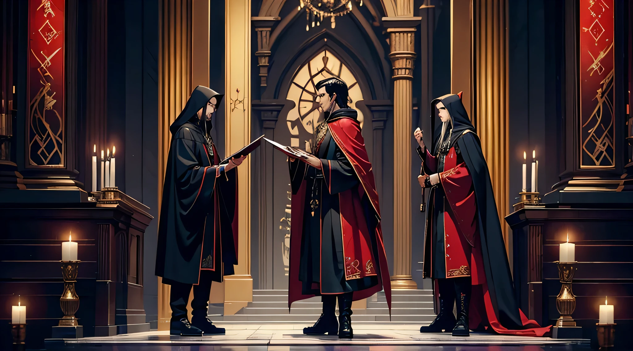 The apostles wear ceremonial robes, The tunics are predominantly black, symbolizing the connection with darkness and the mystery of vampires. Deep red details, representing blood and life. The material is made from luxurious fabrics like silk, to give a feeling of wealth and power, material provided by vampires, there is nothing equally as luxurious in the clothing of the farm people, as for these tunics. The cut is long and fluid, hitting the ground, with wide sleeves that open in the shape of a bell, allowing graceful and imposing movements during ceremonies. A wide hood that can partially cover the face, adding an air of mystery and reverence. Interior of the hood lined with red fabric, visible when hood is worn. The cape is fastened at the shoulder with stylized brooches., symbols associated with vampires. Heavy gold necklaces with pendants shaped like vampire teeth, small vials containing red liquid, symbolizing the essence of life and submission to vampiric power. Dark leather belts with ornate buckles, where the apostles can carry small sacred books, amulets or ritual tools. Fine leather and black lace gloves, to add a touch of elegance and mystery. Polished leather boots, high to the knee, com detalhes em ouro. Boots are practical for long walks during rituals or pilgrimages, but also elegant for ceremonies.