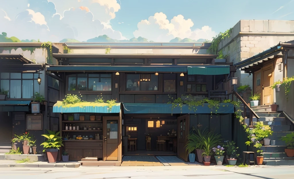 (masterpiece, best quality, Very detailed, Best shadow), (Detailed background,) Modern restaurant entrance, dazzling aquarium downstairs, verdant pots framing door, vast windows showcasing daylit scenery, vibrant hues, serene atmosphere