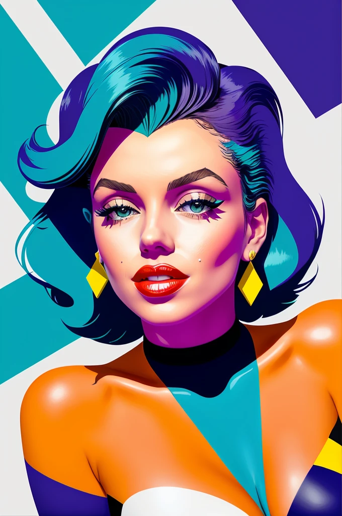 Stunningly beautiful goddess (mix of Vanessa Ferlito | Marilyn Monroe), (character splash art:1.2), model pose, 
Art by Adrian Johnson, 
Bold use of color and geometric shapes to create abstract and stylized illustrations that represent simplicity and minimalism. The artwork embodies playful charm with a child-like innocence and is known for a friendly and approachable tone. Strong visual impact through a harmonious blend of clean lines and bright colors.
by Satori Cantonð§¸ cleavage