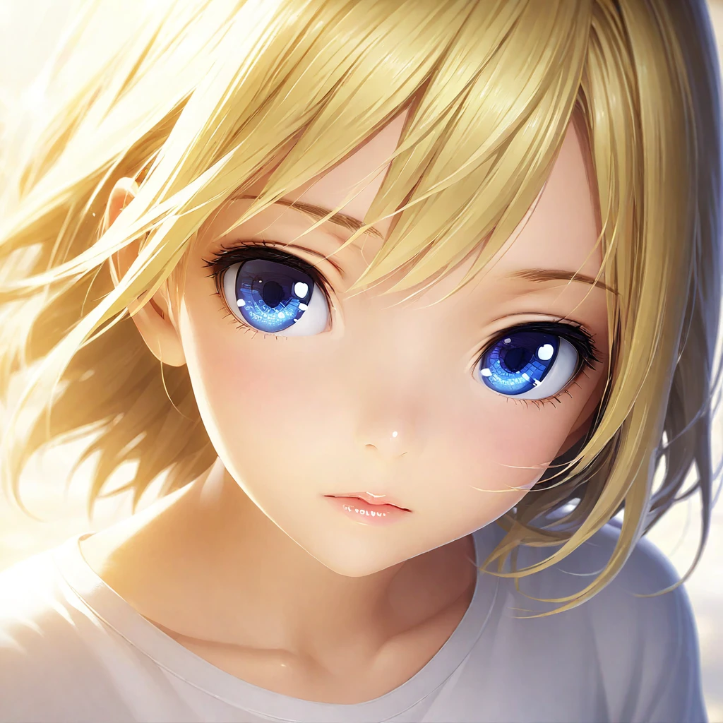 portrait, Practical, blue eyes, Blonde hair, Mid-chest, 4K resolution, High quality CG, Beautiful CG, Soft Light, Octane Rendering, white t-shirt, close shot, front, direct gaze