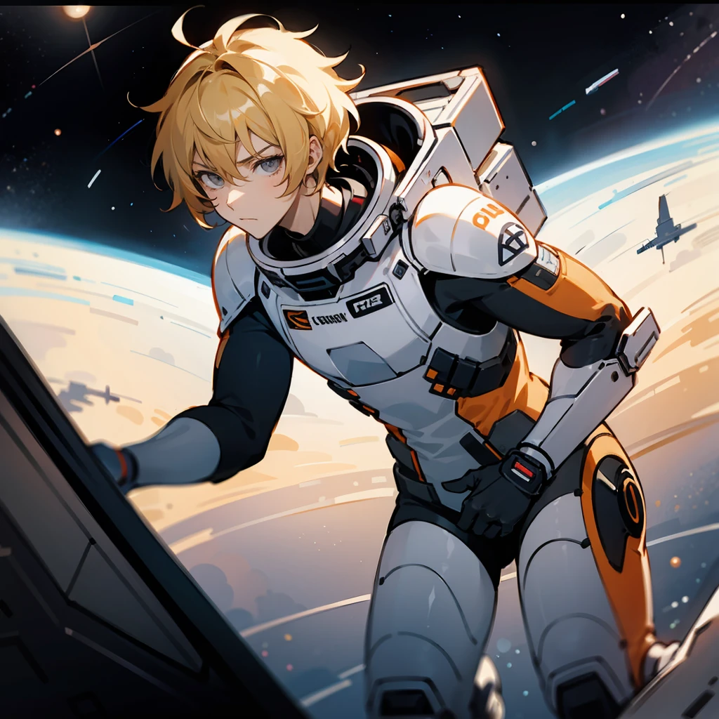 1male, Blonde Hair, Orange Spacesuit, Shaggy Hair, Grey Boots, Sci-Fi Attire, Grey Eyes, Determined Expression, Lean, Adult Male, Space Station, Working on a Console