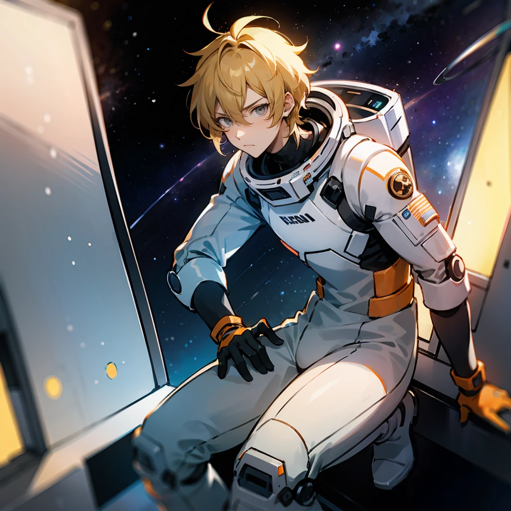 1male, Blonde Hair, Orange Spacesuit, Shaggy Hair, Grey Boots, Sci-Fi Attire, Grey Eyes, Determined Expression, Lean, Adult Male, Space Station, Working on a Console